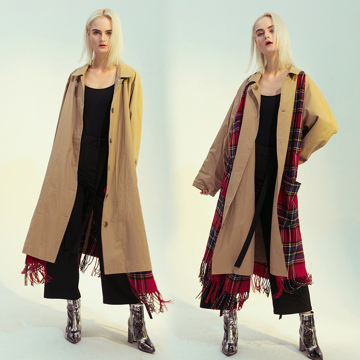 Patchwork-Trenchcoat mit Quasten am Saum