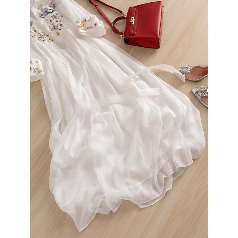 Embroidered Long Skirt Round V-neck Pleated 34 Sleeve Dress