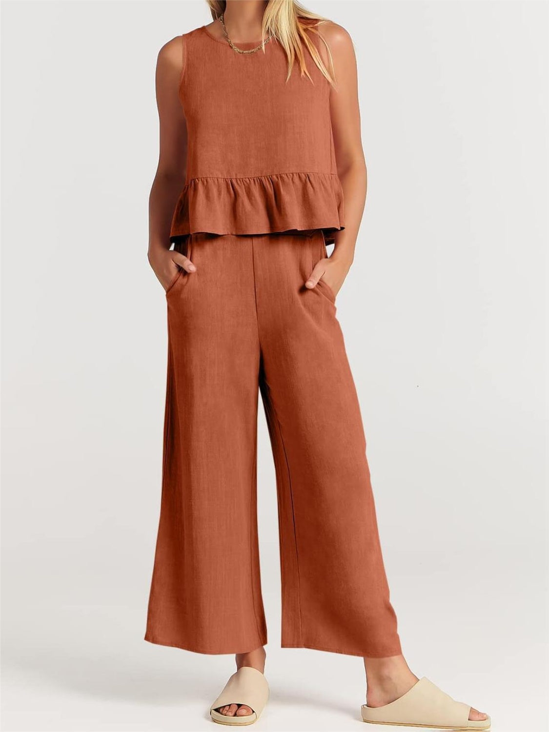 Full Size Round Neck Top and Wide Leg Pants Set