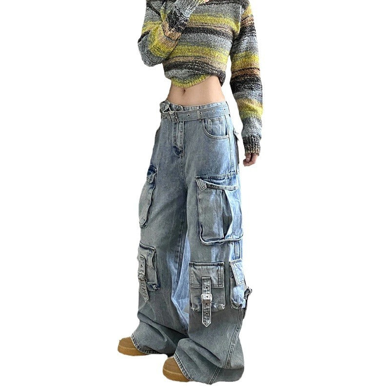 American Street Workwear Wide Leg Jeans Design Mehrere Taschen