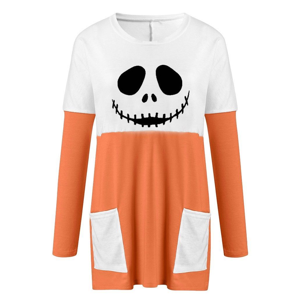 Halloween Damen Langes Gespenster Kürbis Langes Bedrucktes Top