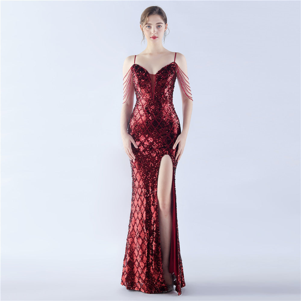 High-End-Abendkleid mit Fischgrätenmuster, tailliert, Ratsche zum Binden, magische Farbe, Pailletten, Perlen, High-End-Abendkleid