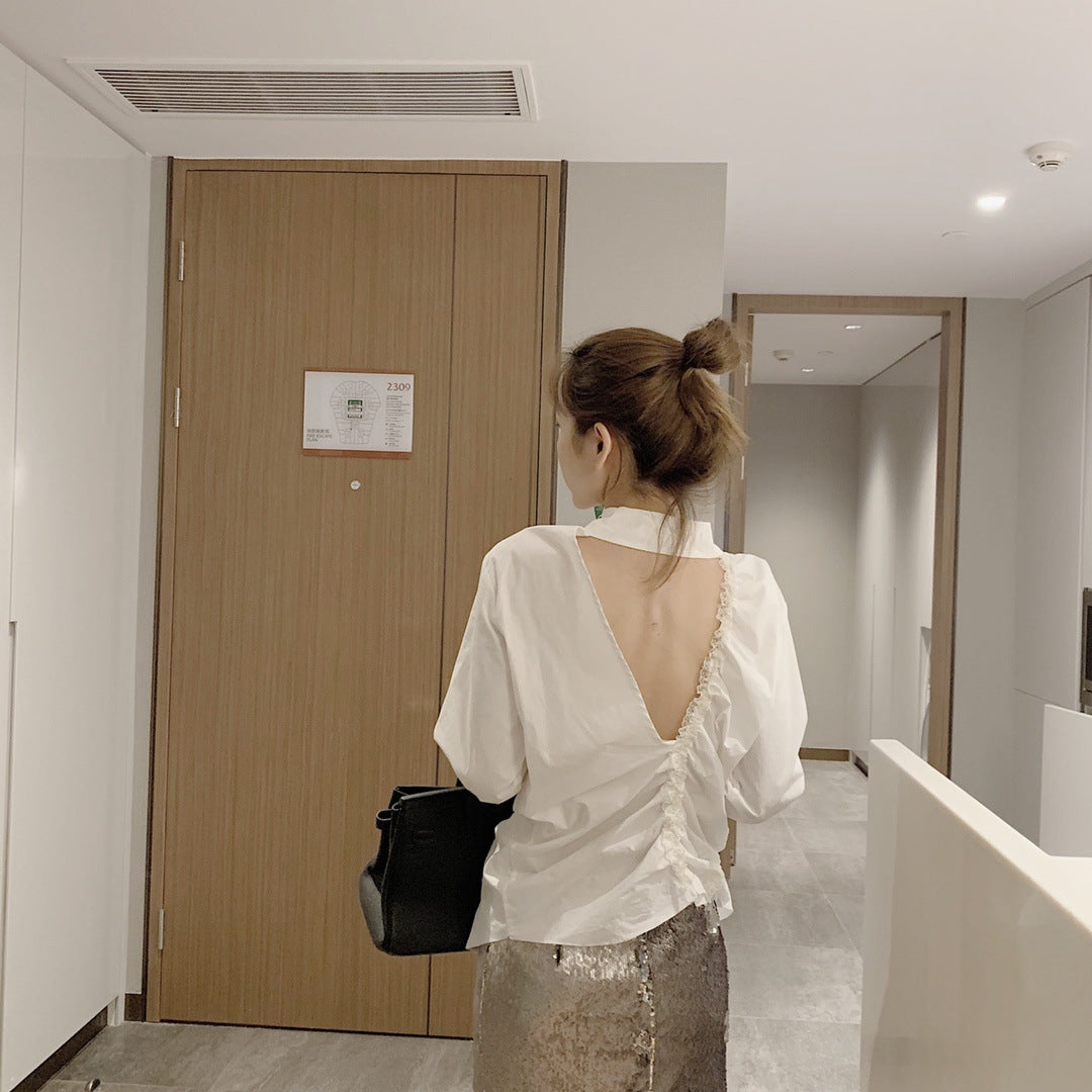 White  back shirt pleated lace shirt