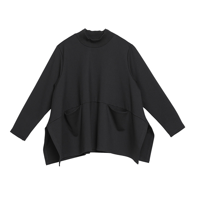 Camiseta de manga larga con abertura negra y holgada para mujer