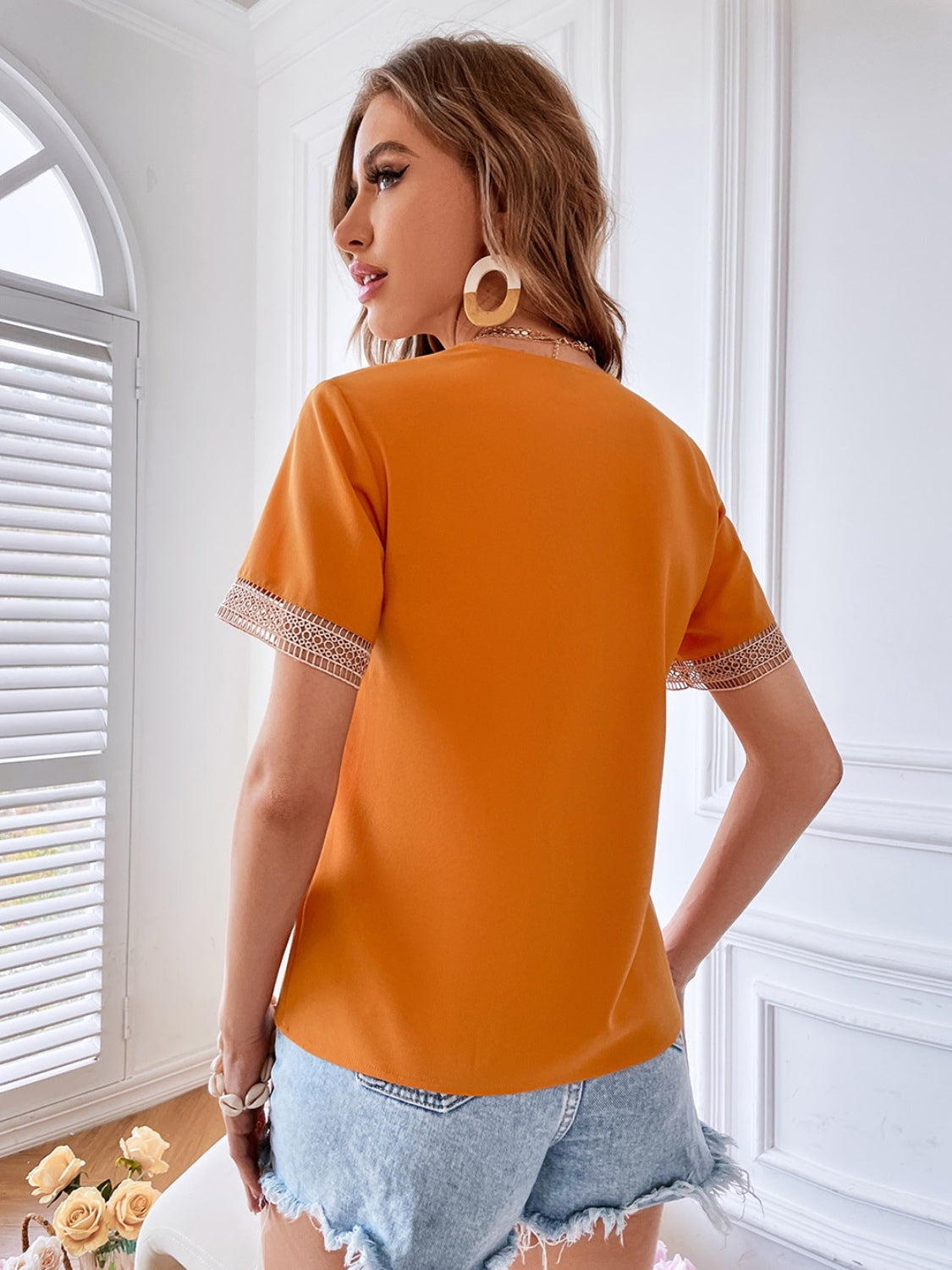 Eyelet V-Neck Short Sleeve T-Shirt