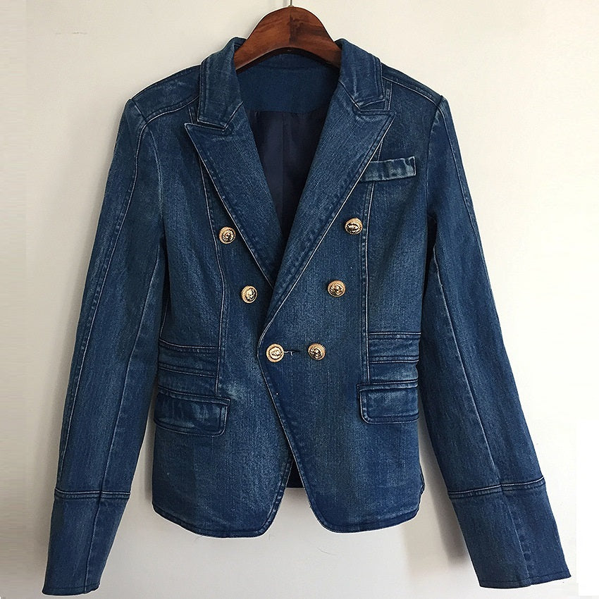 Zweireihiger Blazer aus waschbarem Denim mit Löwenschnalle