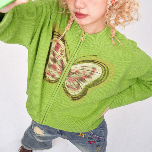 Girl Butterfly Messenger Printed Knitted Cardigan Sweater Casual Loose Top