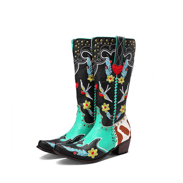 Denim Western Shoes Women's Leather Boots Exquisite Embroidery