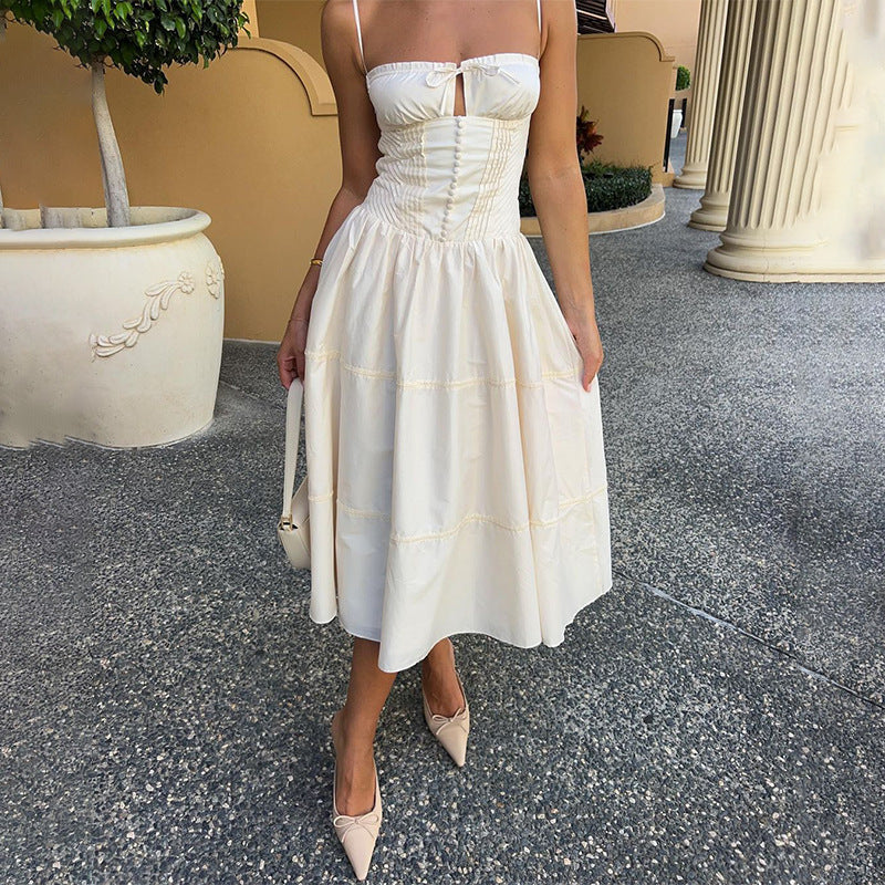 Damen Französisches Hosenträger-Langkleid mit Knopfleiste und Schnürung, Temperament, schmales Kleid, Sommer, Strandurlaub