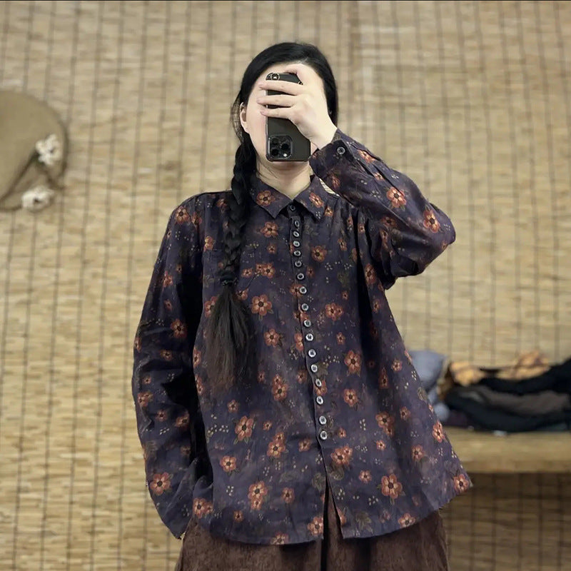 Camisa tipo cárdigan floral con solapa y estampado literario retro para mujer