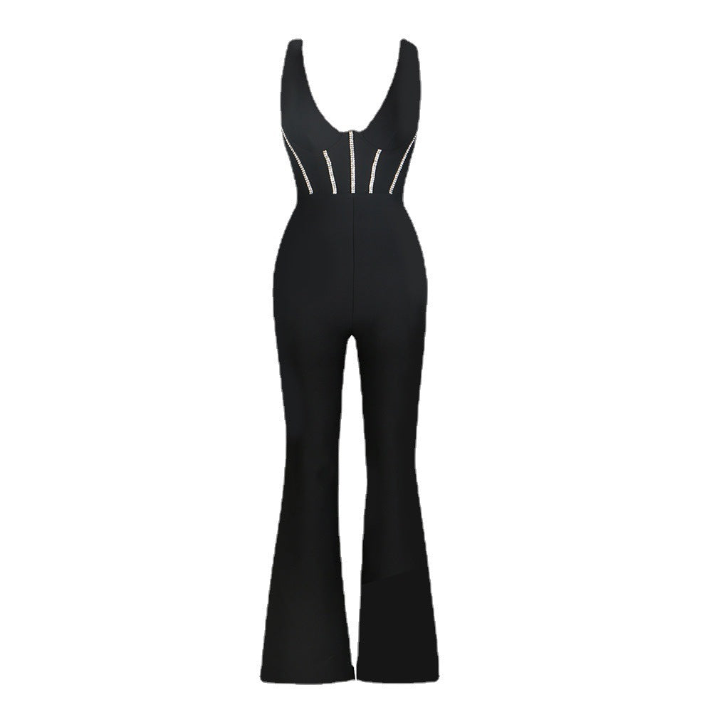 Schwarzer, rückenfreier, schmaler Bandage-Jumpsuit mit tiefem V-Ausschnitt und Tube-Top