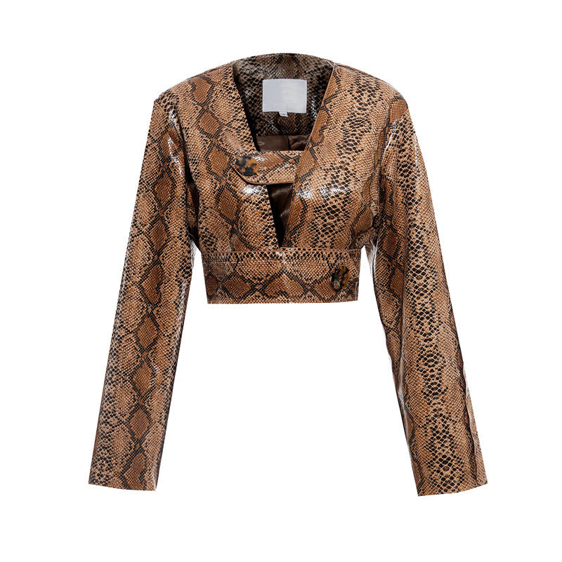 Snakeskin Pattern Pu Short Fashion Casual Short Coat Leather Jacket