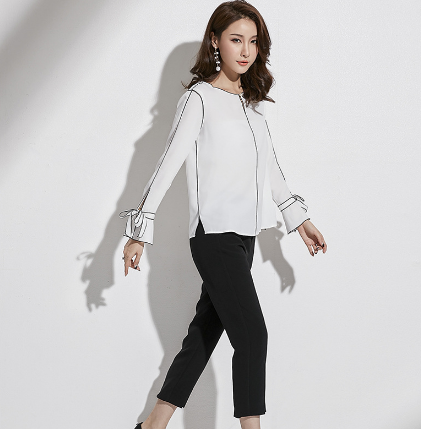 spring new brand women's Korean version of the round neck long-sleeved shirt female temperament contrast color bandage beaded chiffon shirt