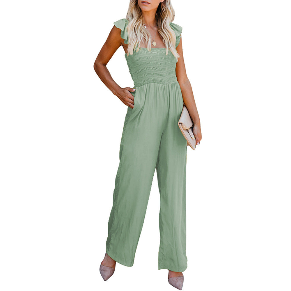 Summer Solid Pocket Casual Loose Wide Leg Jumpsuit