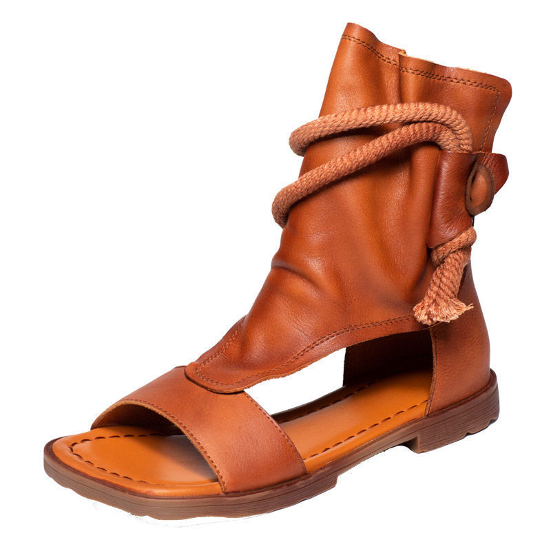 Genuine Leather Retro Flat Soft Bottom High-top Back Zipper Fish Mouth Sandal Boots