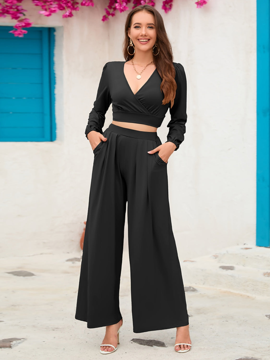 Conjunto de pantalón ancho y top sobrepelliz