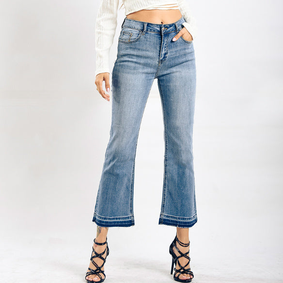 Women's Washed Elastic Loose Wide Leg Ankle-length Bootcut Jeans