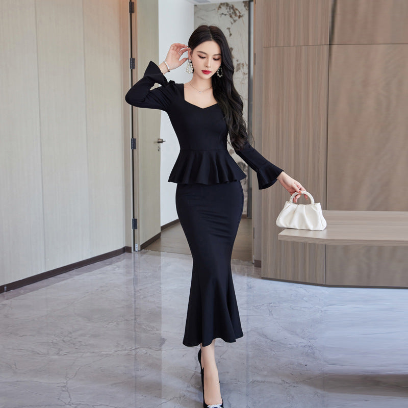 Elegant High-end Ruffled Waist Professional Slim Fit Long Sleeve Square-neck Black Dress