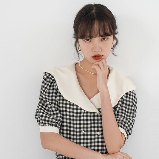 French Double-Breasted Plaid Shirt Ruffle Crop Top