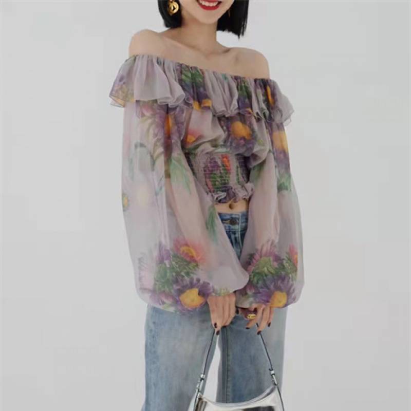 Colored Lantern Sleeve Off-Shoulder Long Sleeve Shirt