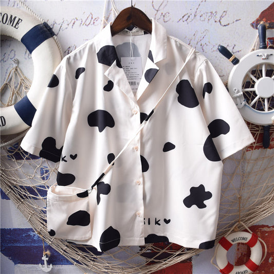 Childlike Cute Cow Letter Print Suit Collar Short Sleeve Chiffon Shirt Free Bag