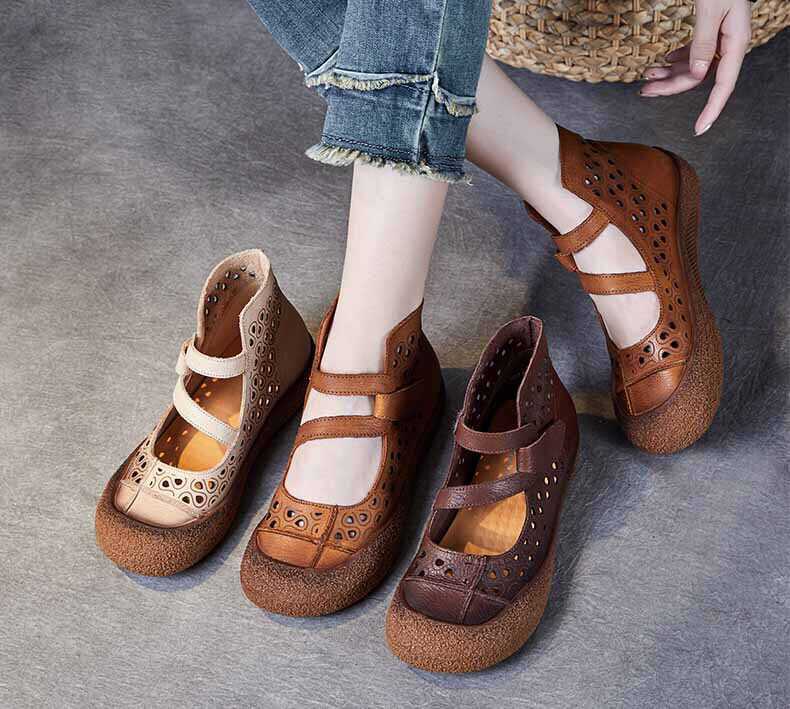 Cowhide Retro Hollow-out Non-slip Breathable Flat Sandals