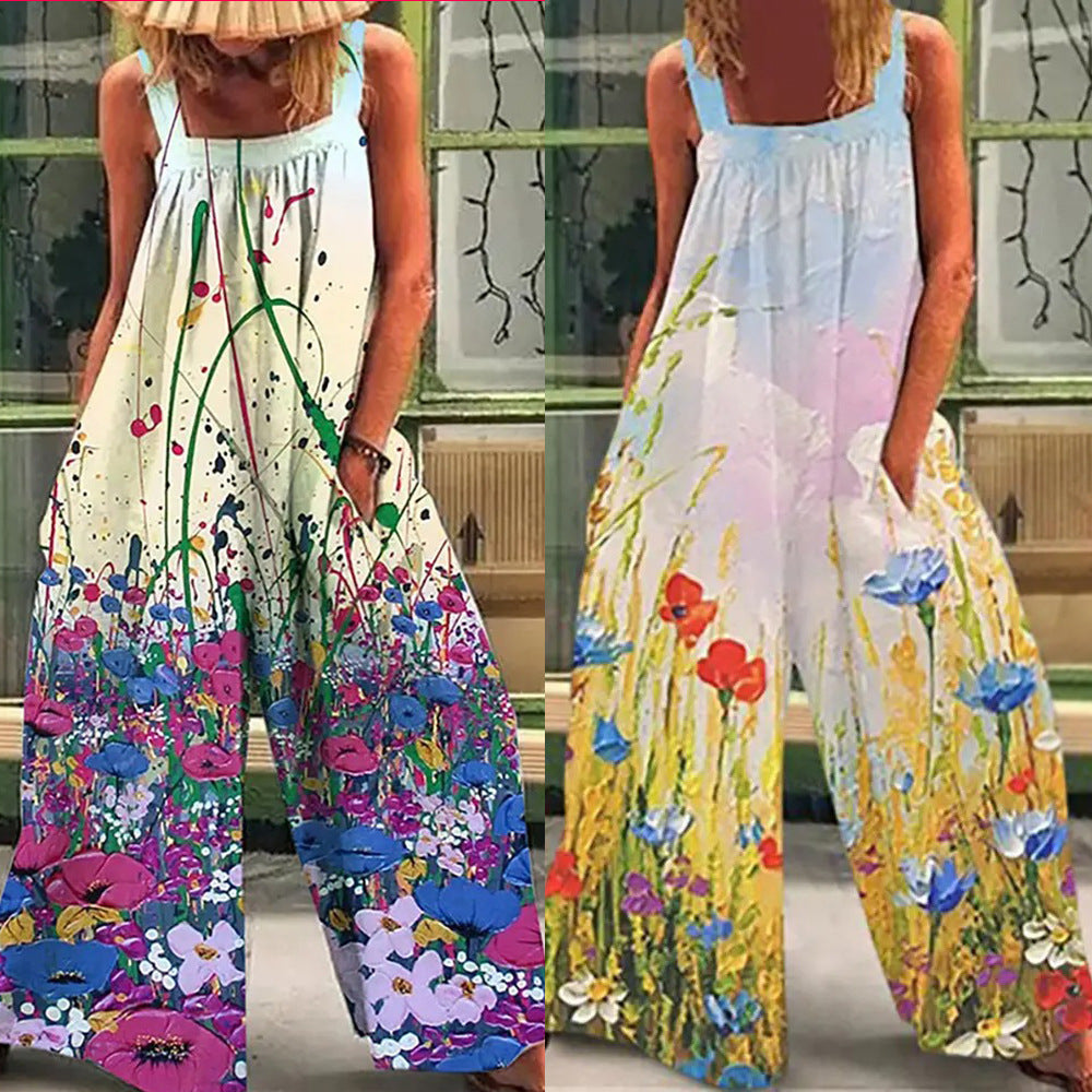 Women's Printed Sling Sleeveless Loose Casual Jumpsuit