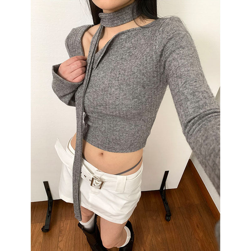 Fashionable Sunken Stripe Diagonal Buckle Design Korean Style Irregular With Personality Top Sweater