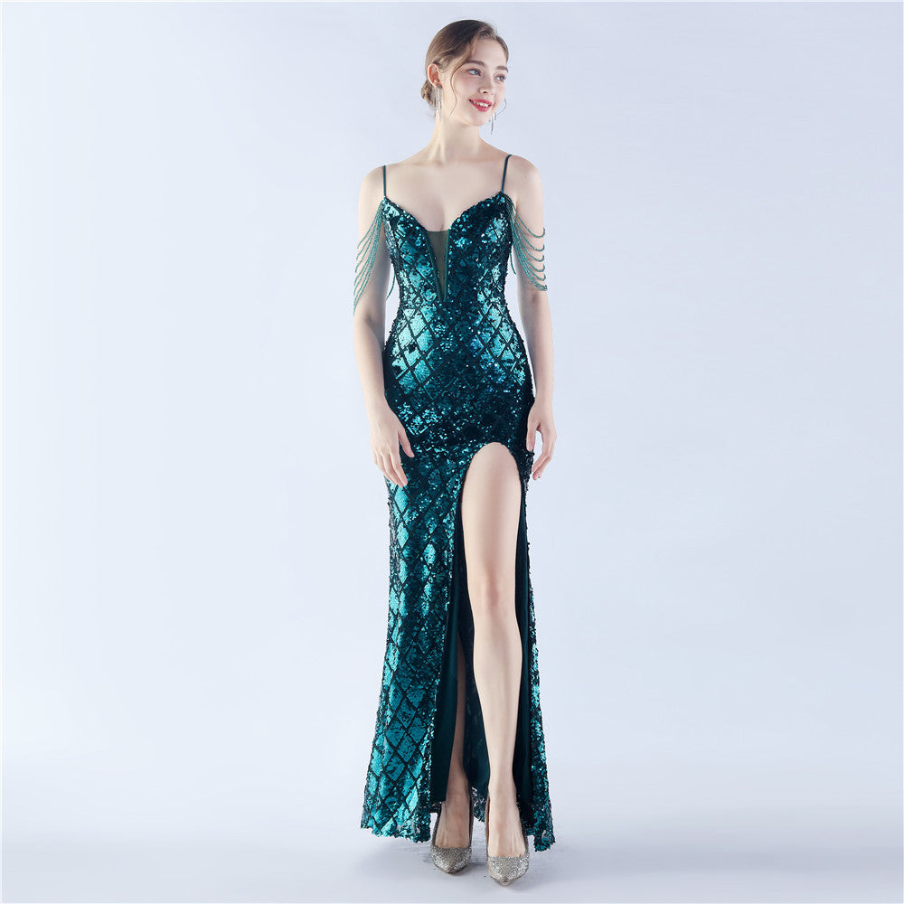 High-End-Abendkleid mit Fischgrätenmuster, tailliert, Ratsche zum Binden, magische Farbe, Pailletten, Perlen, High-End-Abendkleid