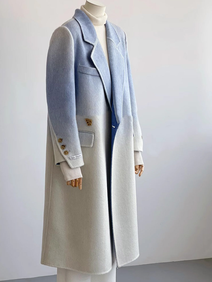 Double-faced Woolen Goods Shoulder Elegant Blue Gradient White Coat Coat