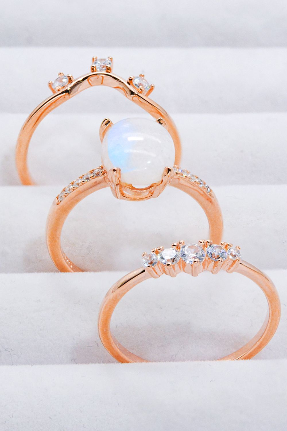 Natural Moonstone and Zircon Three-Piece Ring Set