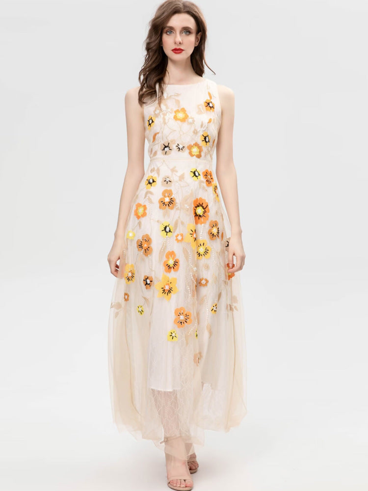 Exquisite Embroidery Floral Sequined Sleeveless Apricot Swing Long Dress