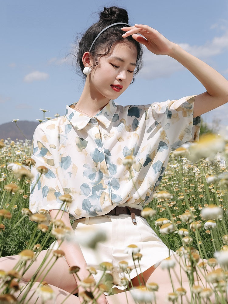 Hong Kong Style Chiffon Short Sleeve Floral Shirt Thin