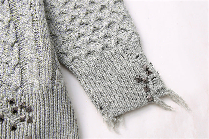 Herbst Damenmode Lose Nieten Ornament Gewebter Strickmantel