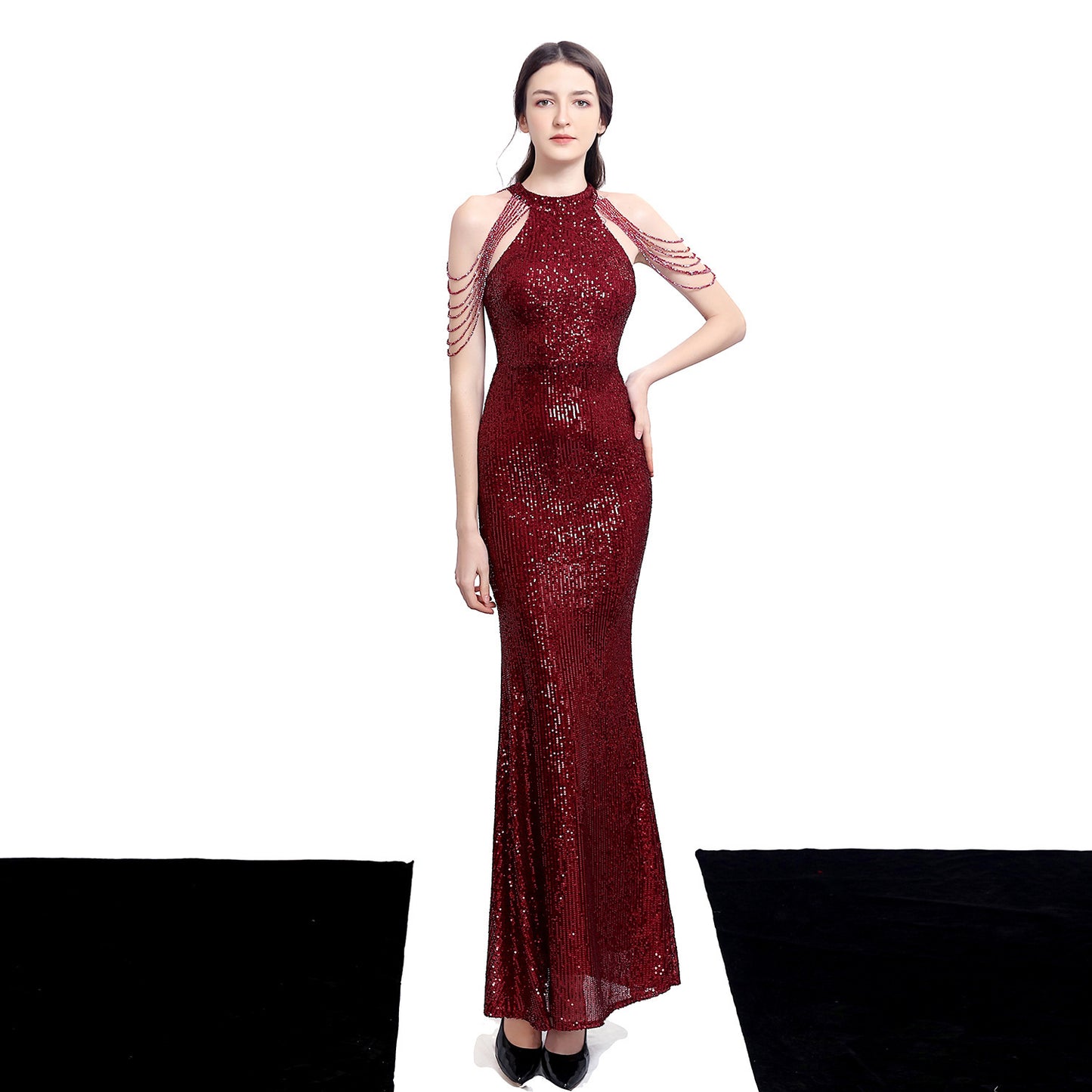 Banquet Temperament Elegant Long Halter Set Diamond Sequined Aura Queen Fishtail Evening Dress