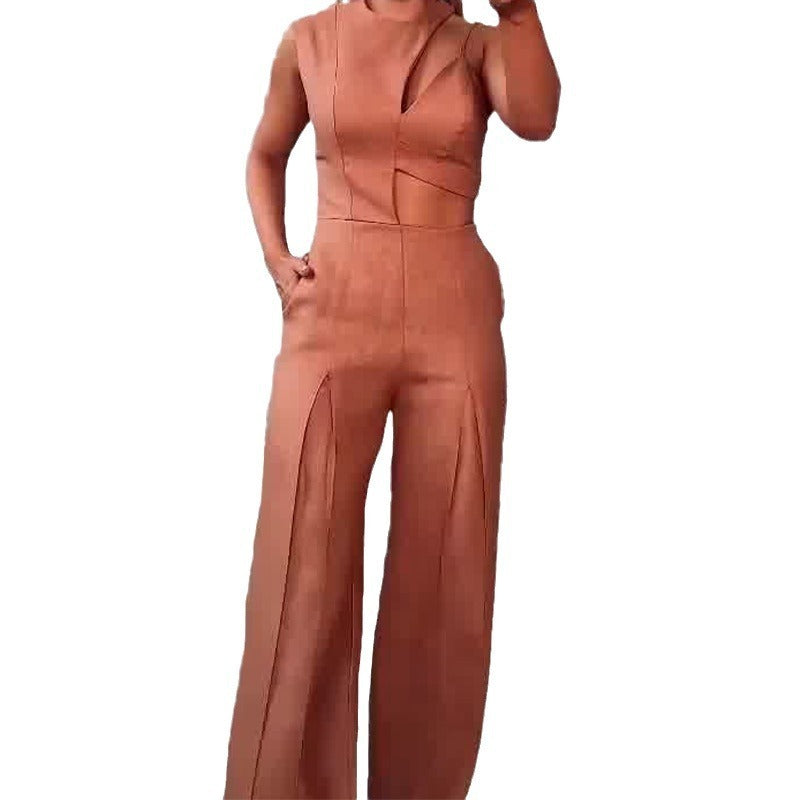 Fashion Round-neck High Waist Solid Color Hollow Out Wide Leg Jumpsuit