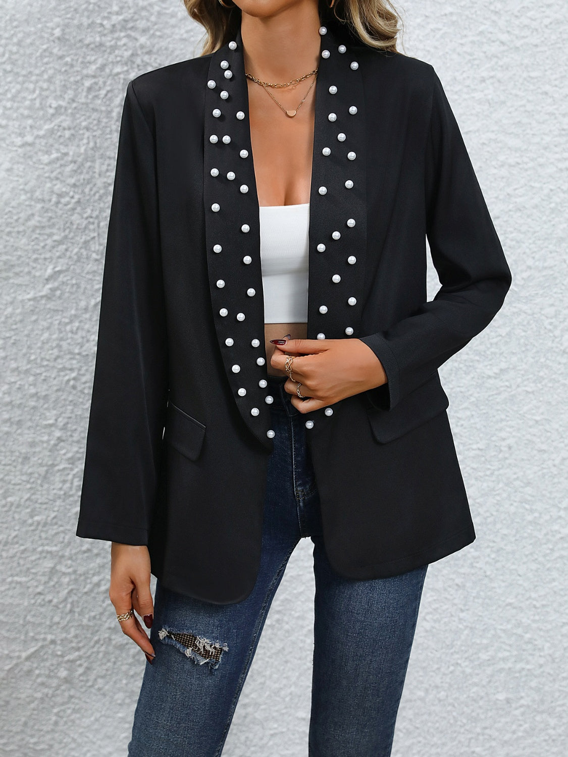 Blazer mit offener Vorderseite und Perlendetail