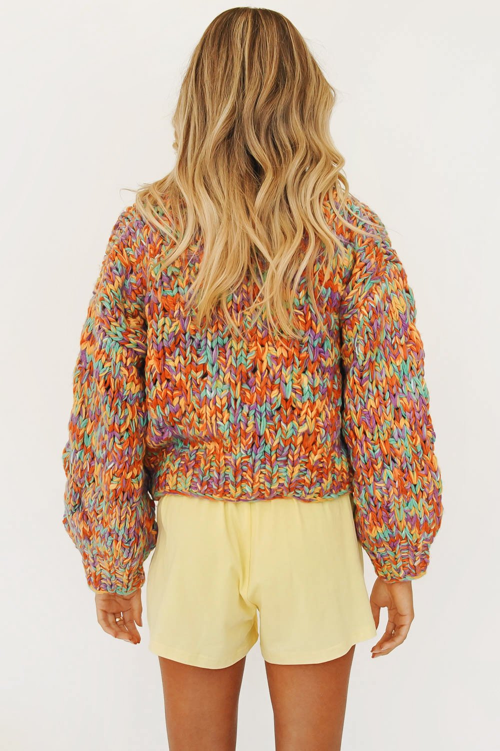 Hand-woven VG Rainbow Woven Lantern Sleeve Knitted Cardigan