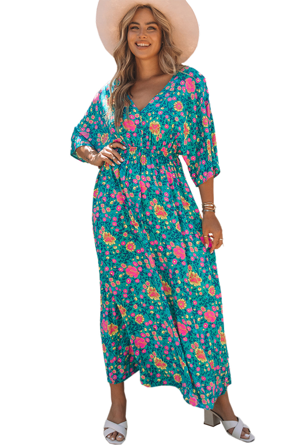 Grünes Boho-Maxikleid mit tiefem V-Ausschnitt und Blumenmuster