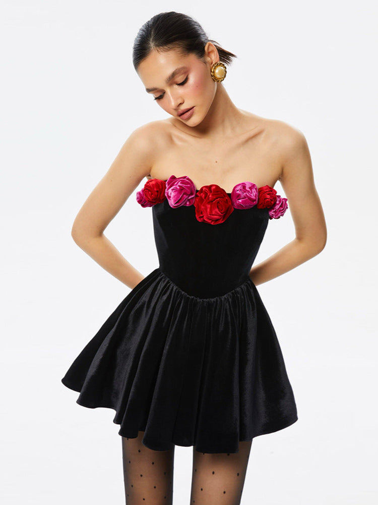 Women's Tube Top Flower Decoration Contrasting-color Dress