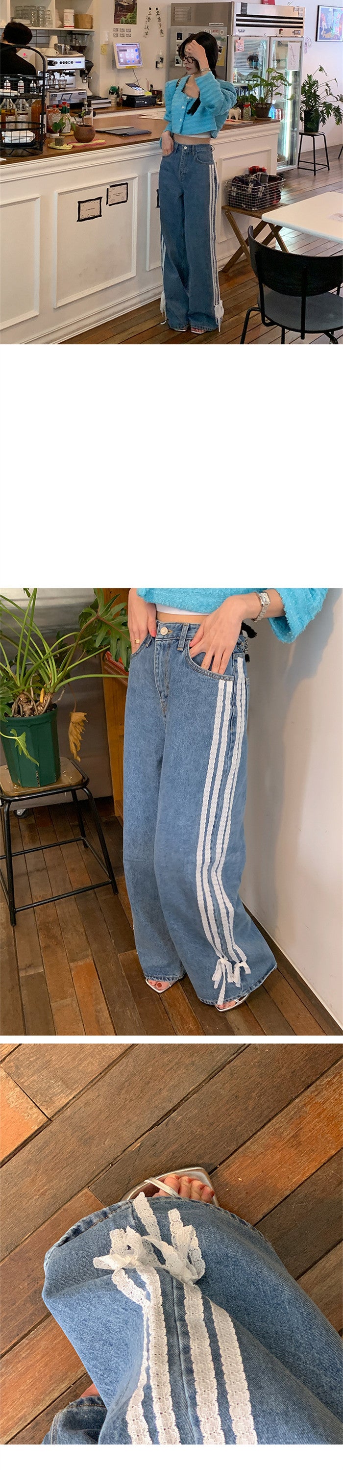 Lockere Jeans mit hoher Taille und Spitzenschleifennähten