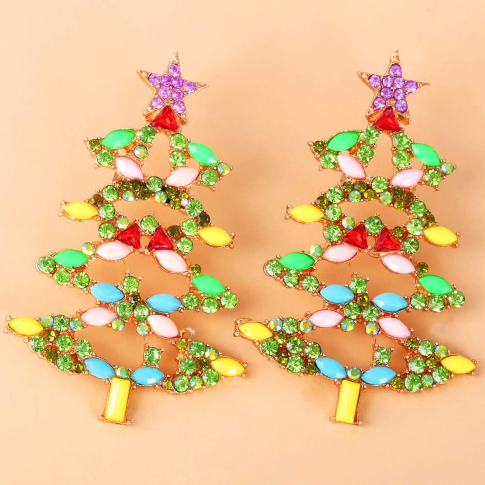 Pendientes de aleación de diamantes de imitación de árbol de Navidad