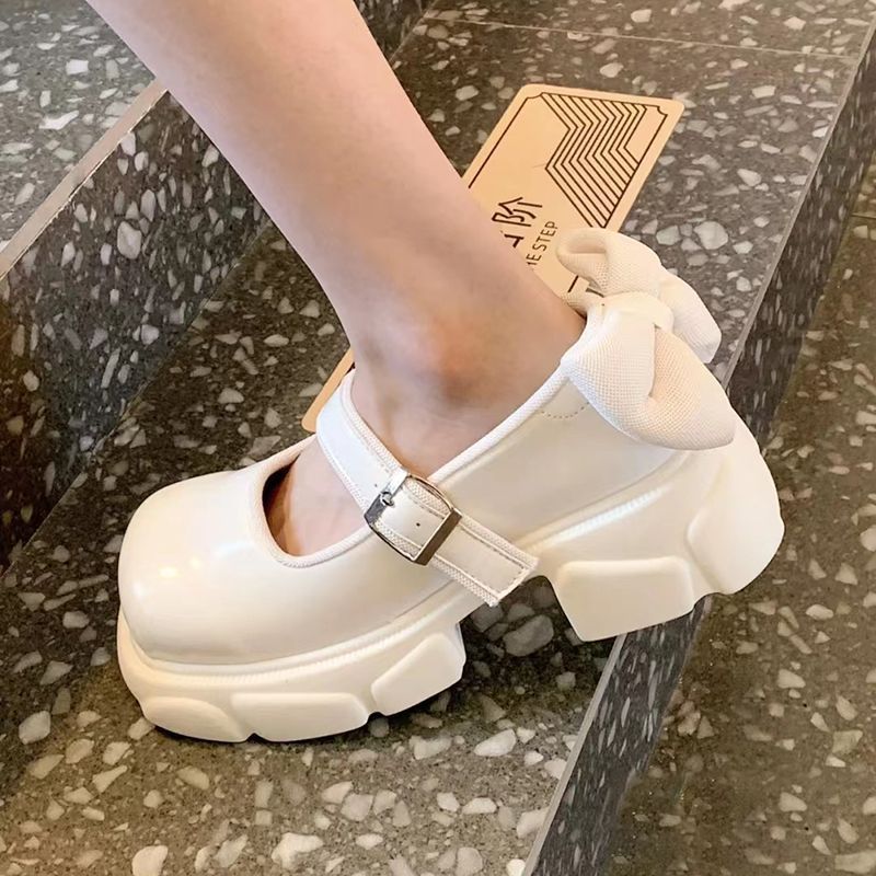 Elegant Square Toe Leather Shoes Female Niche Bow