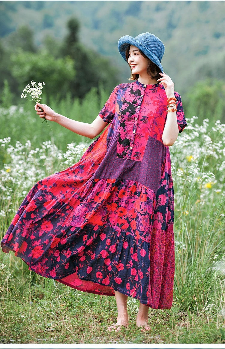 Sommerkleid aus Baumwolle mit Print im ethnischen Stil, Farbkontrast, Patchwork, pastorales Kurzarmkleid