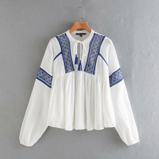 Women's Long-Sleeved Contrast Embroidered Blouse