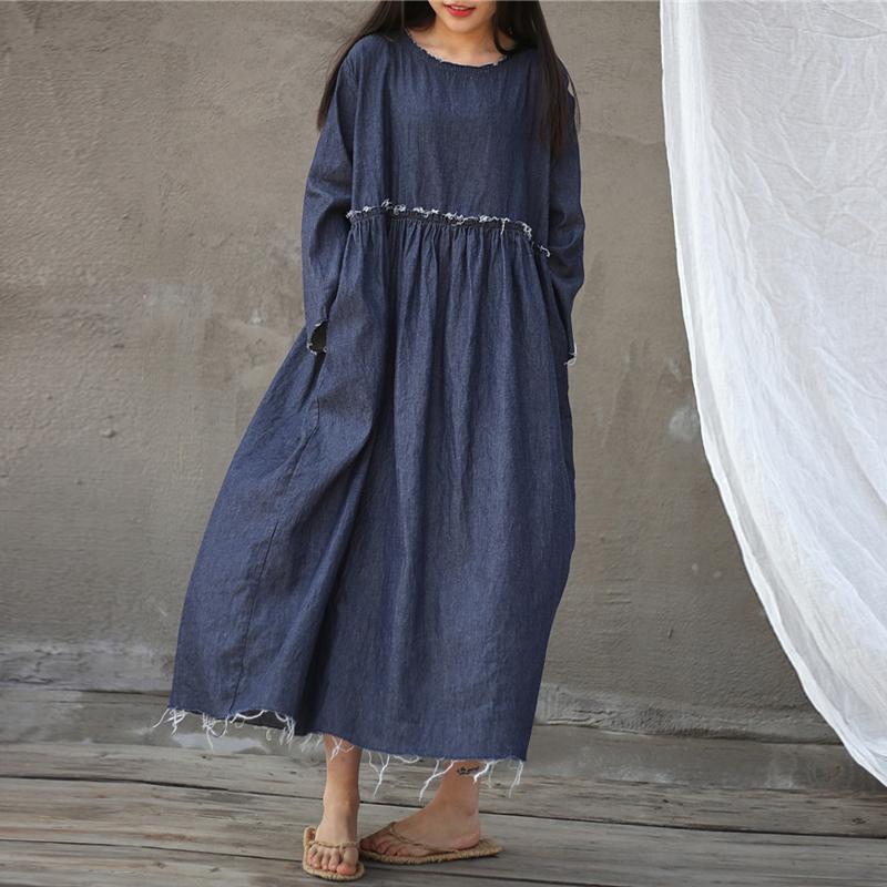 Spring Denim Blue High Waist Pleated Loose Burrs Dress