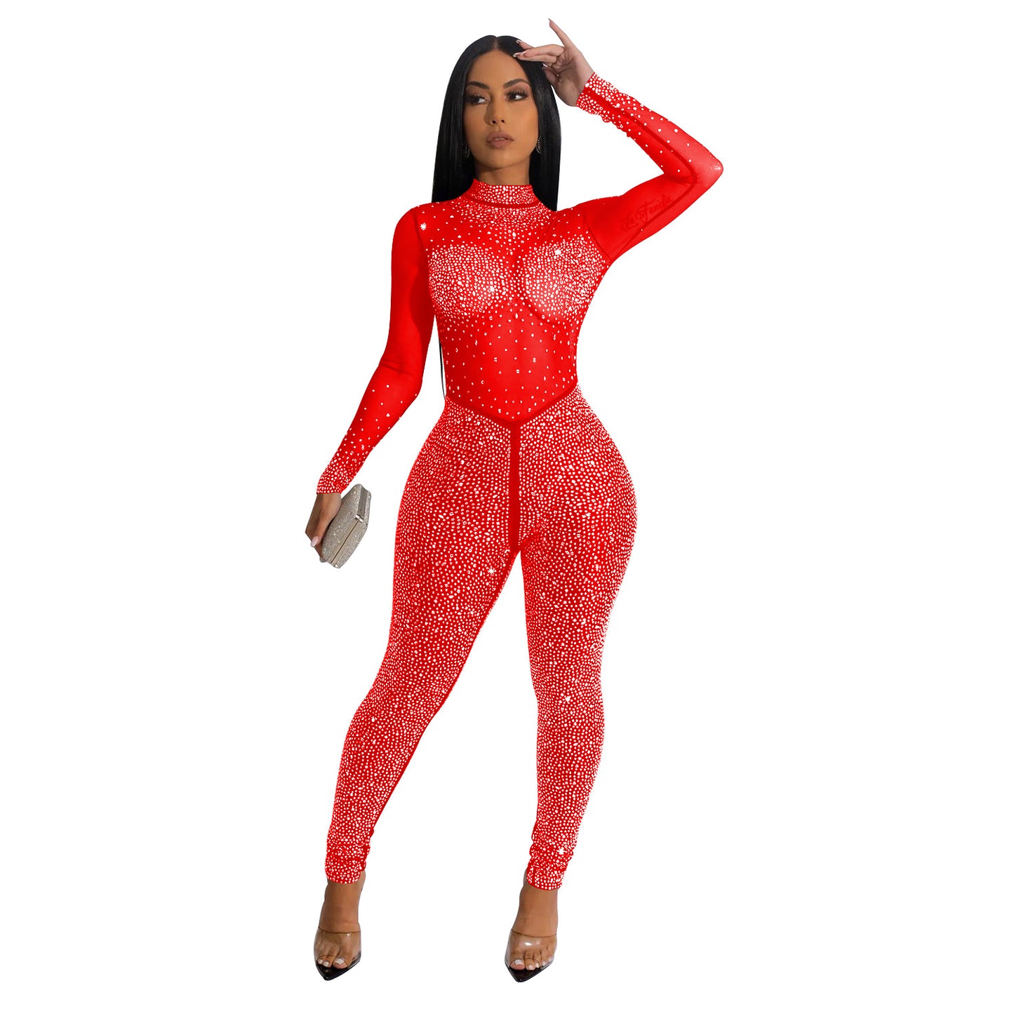 Mode Damen Pure Color Mesh Hot Drilling Langarm-Overall