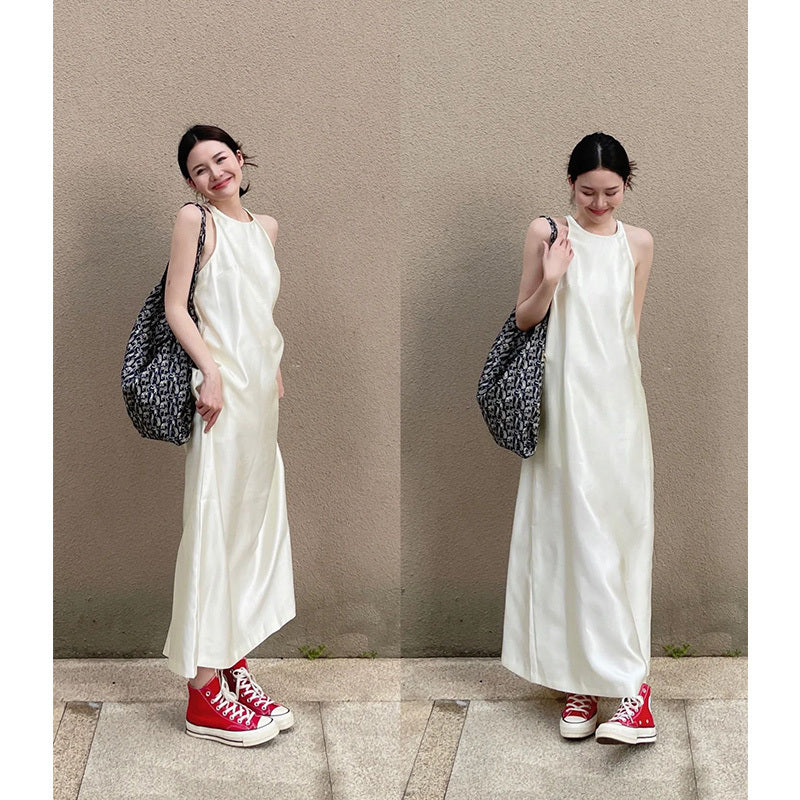 Acetate Simple Solid Color Niche Sleeveless Long Jumper Dress