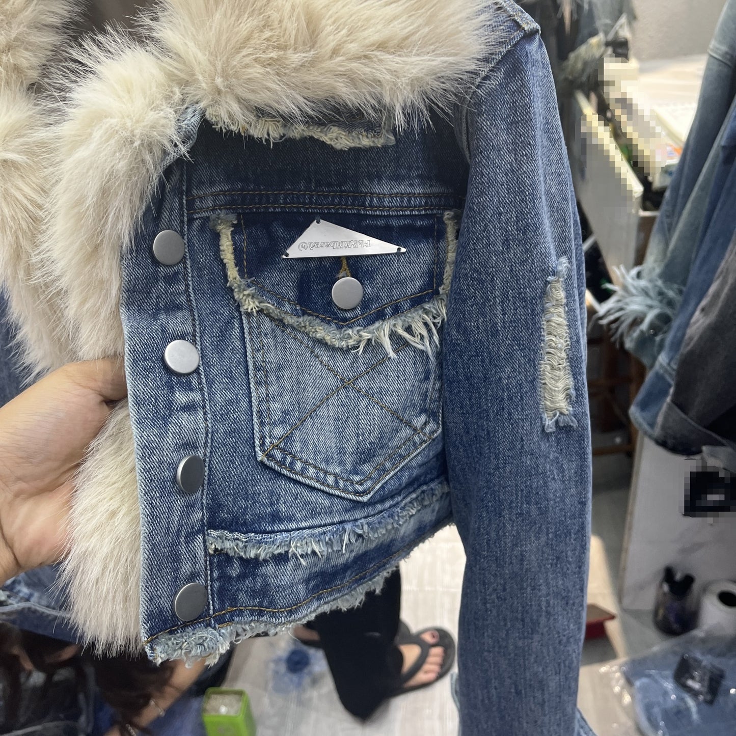 Denim Splicing Gesteppte Umweltschutz Fuchs Pelz Denim Mantel Kurz