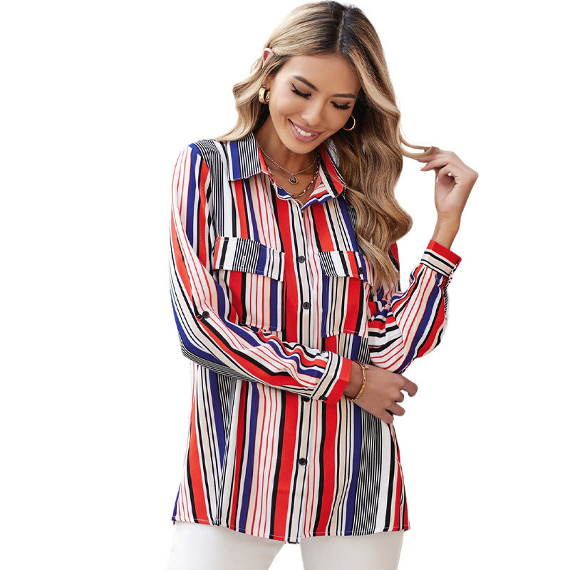 Blusa de talla grande de manga larga con solapa y diseño de blusa a rayas para mujer